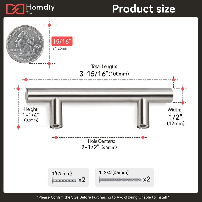 homdiy 10 Pack |Cabinet Handles Brushed Nickel Cabinet Pulls Cabinet Hardware 2-1/2in Hole Centers Drawer Pulls Kitchen Cupboard Euro T Bar Dresser Pulls 201SN - Image 3